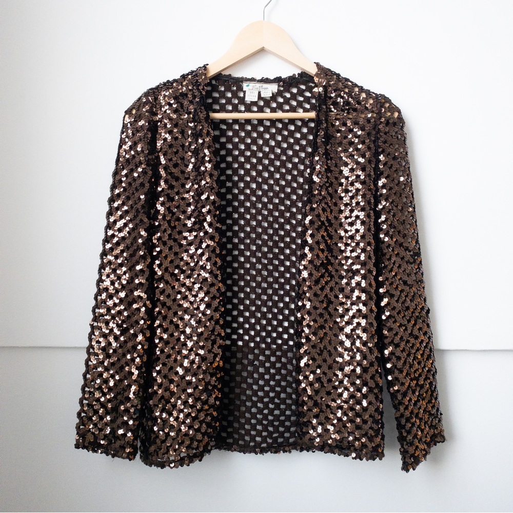 VINTAGE Three Flags Brown Crocheted Sequin Cardigan